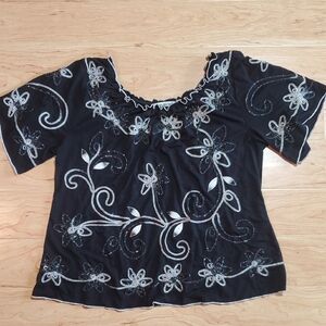 Lauren Michelle Black Blouse with White Floral Design